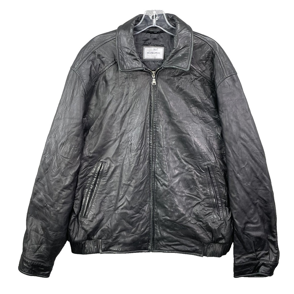 Hathaway 100% Leather Bomber Jacket XL Baggy Biker Streetwear Retro Moto Y2K 90s